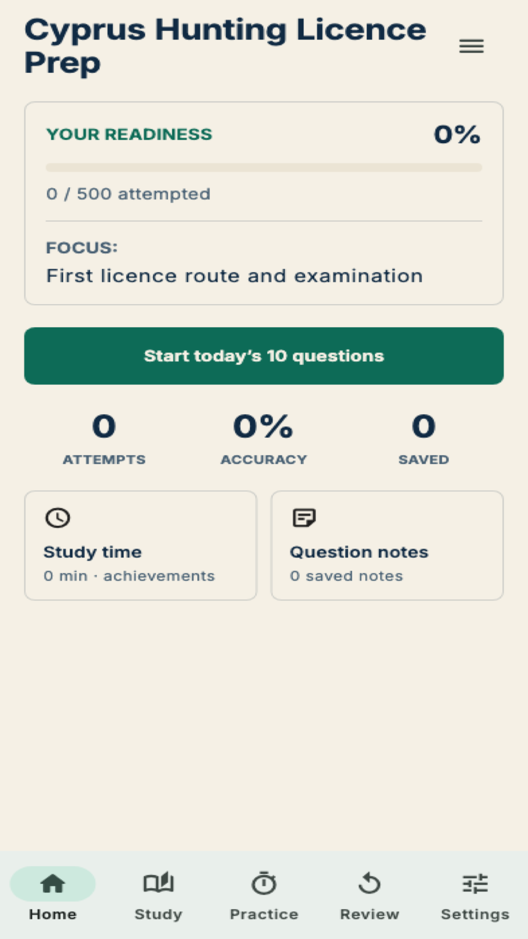 Cyprus Hunting Licence Prep home screen