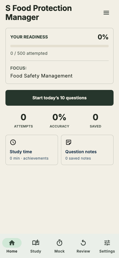 S Food Protection Manager app home screen